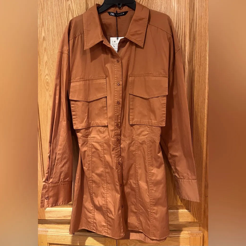 ZARA Poplin Shirt Open Back Utility‎ Mini Dress w/ Pockets in Tobacco Size Large - Image 11