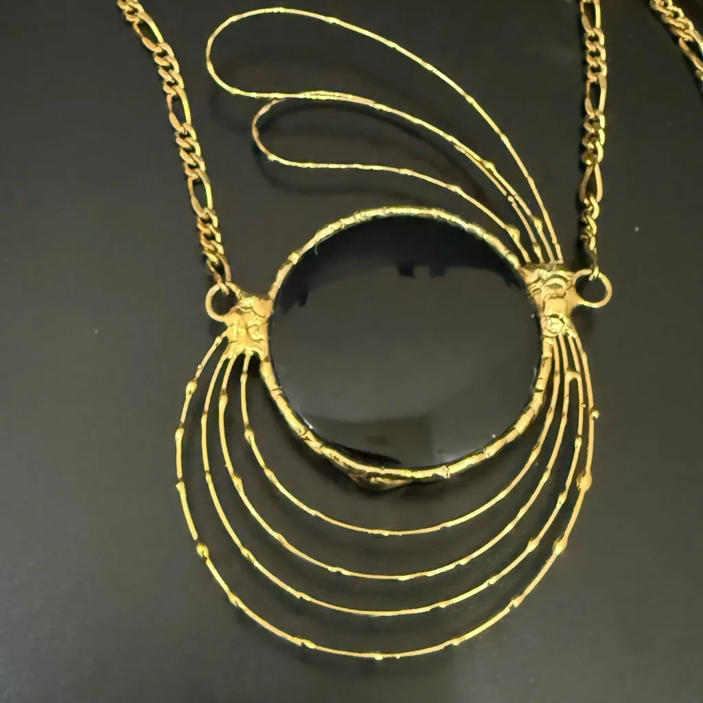 Vintage Handcrafted Modernist Brutalist MCM Black Obsidian Gold Wire Necklace - Image 15