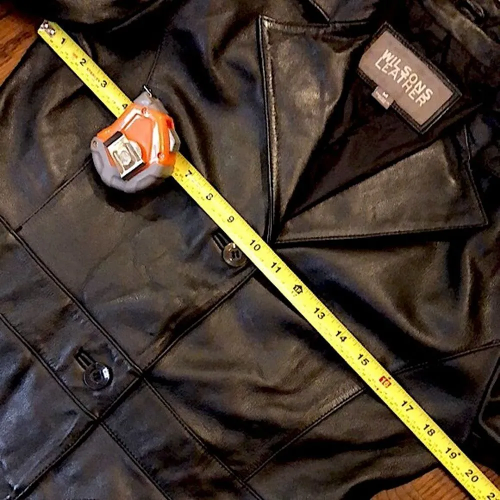 WILSON’S LEATHER Black Leather Long Line Pea Coat with Single Breast Faux Belt - Image 5