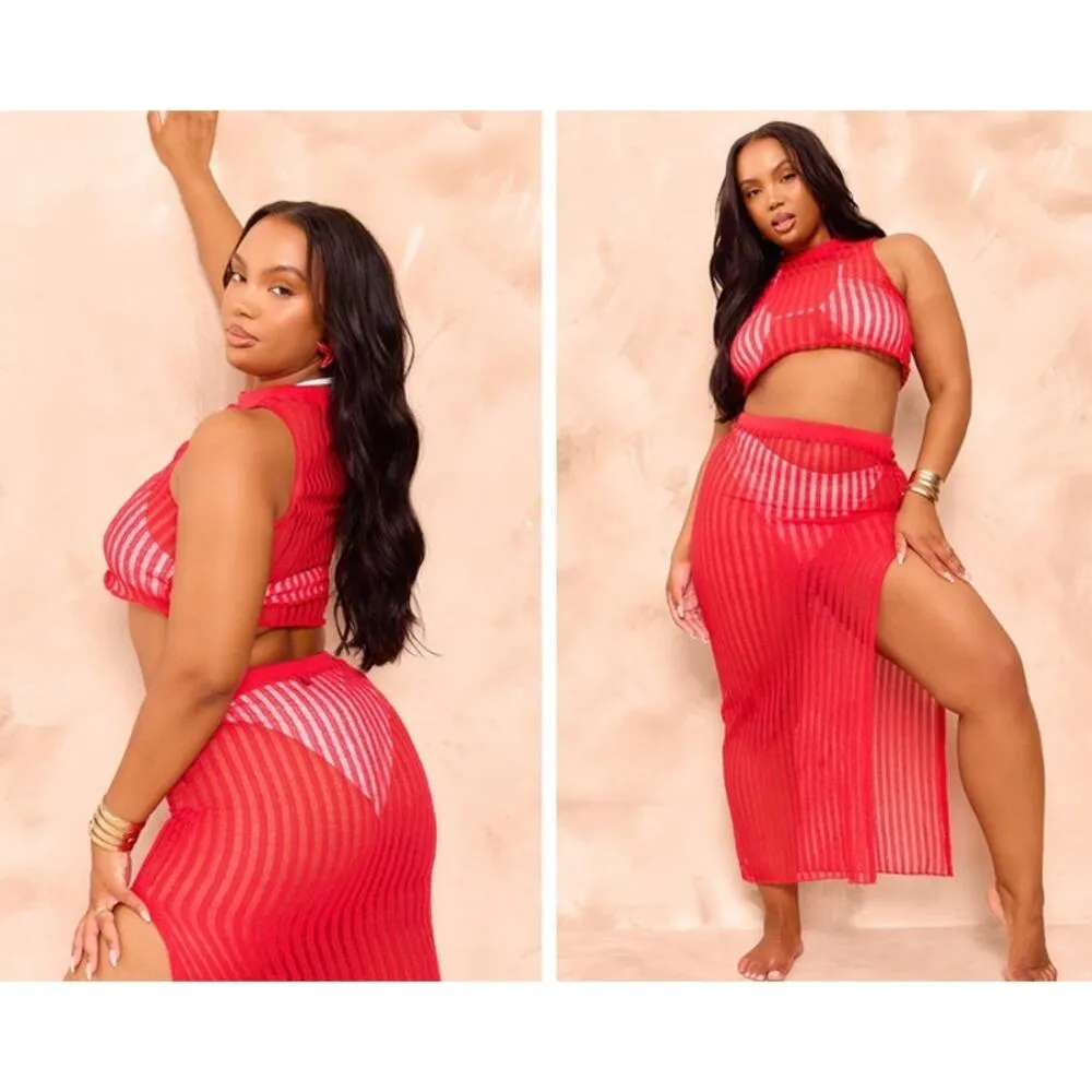 PrettyLittleThing Plus - Distressed Ladder Detail Knit Top & Midi Skirt in Red - Image 6