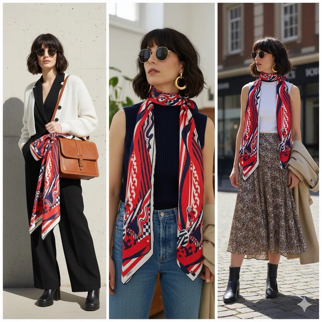 VTG Norma Tullo Silk Scarf Wrap 60s Pop Art Red White Navy Couture Bag Accessory - Image 2