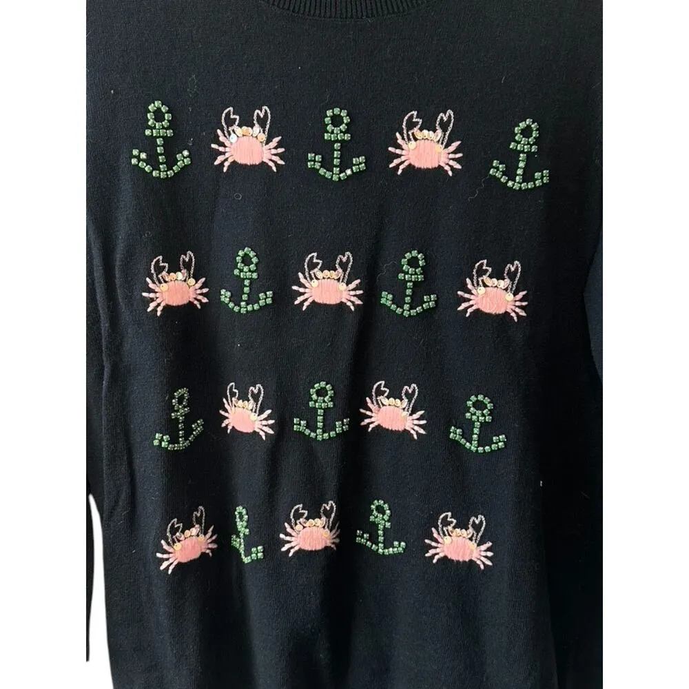 TALBOTS Navy Embellished Pink Crab & Green Anchor Cotton Blend Knit Sweater M - Image 2