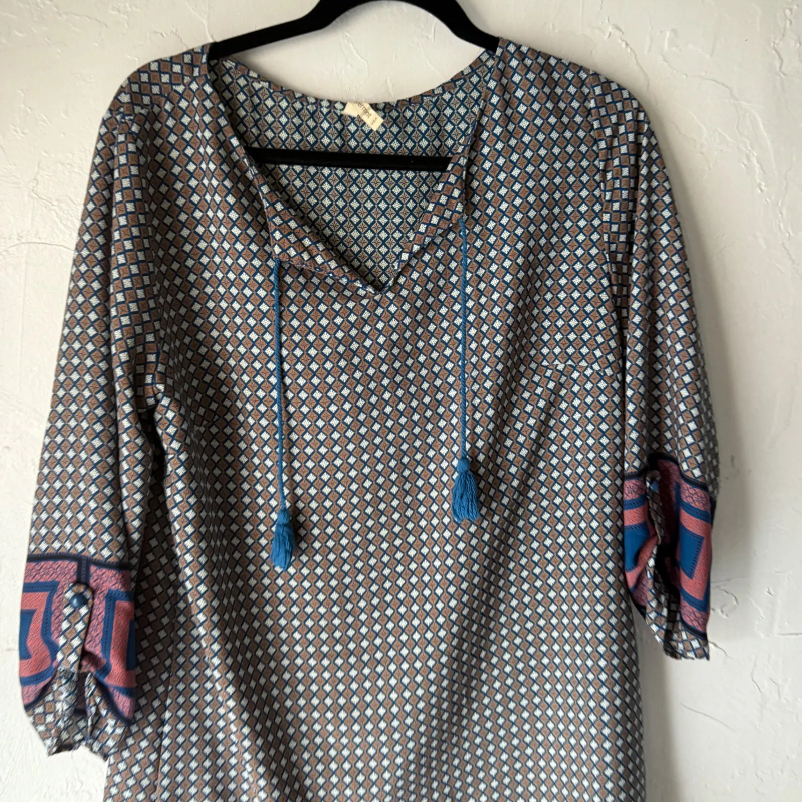 Peppermint USA Geometric Print V Neck Tassel Sleeve Dress Women Size L Boho - Image 3