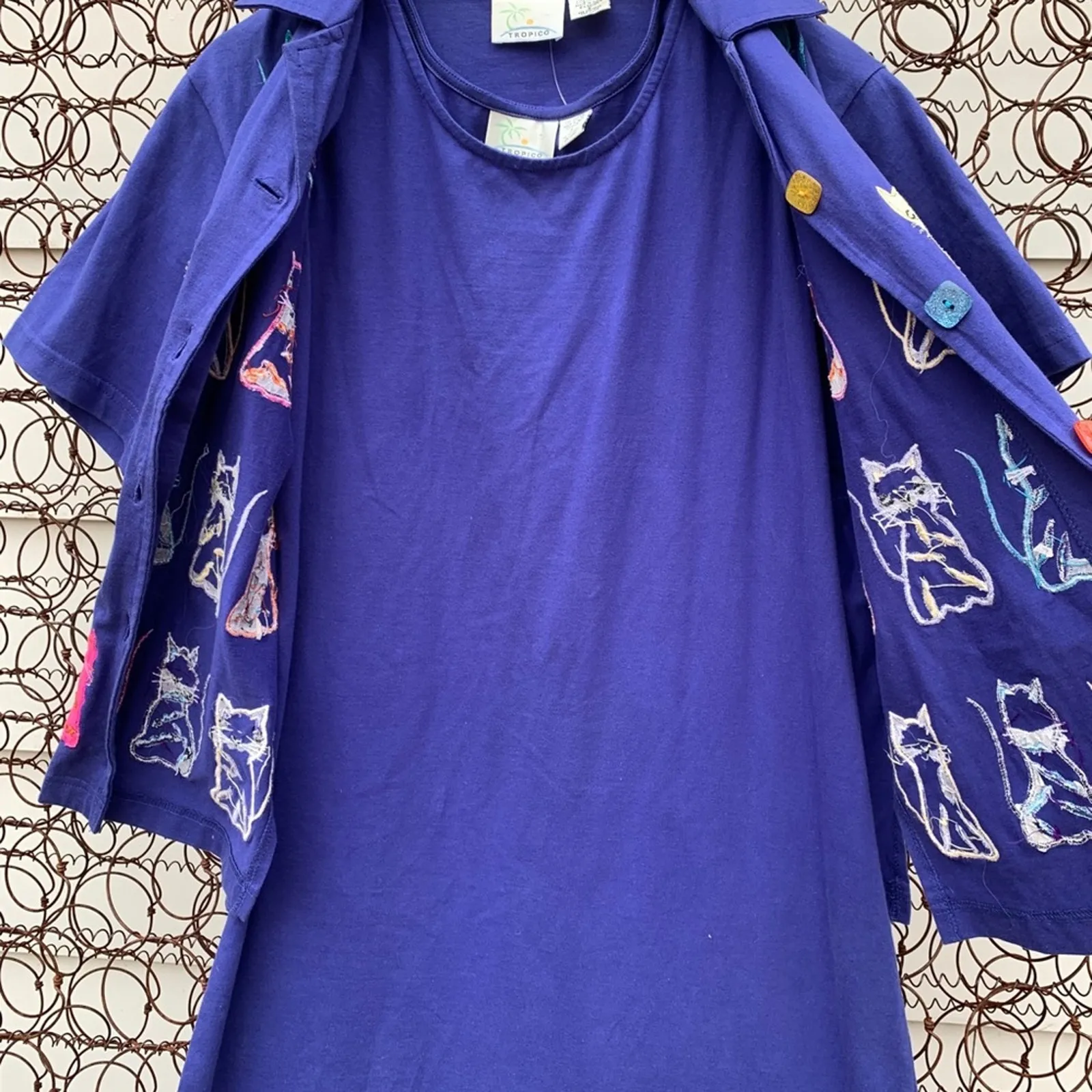 Vintage Art Deco cats teacher shirt dress and jacket set Cotton SMALL Blue - Image 5