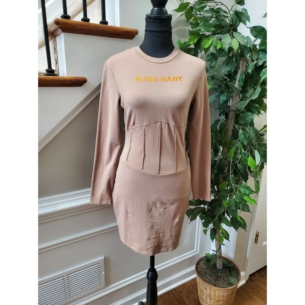 Shein Women's Tan Cotton Long Sleeve Crew Neck Knee Length Casual Dress Size L - Image 2