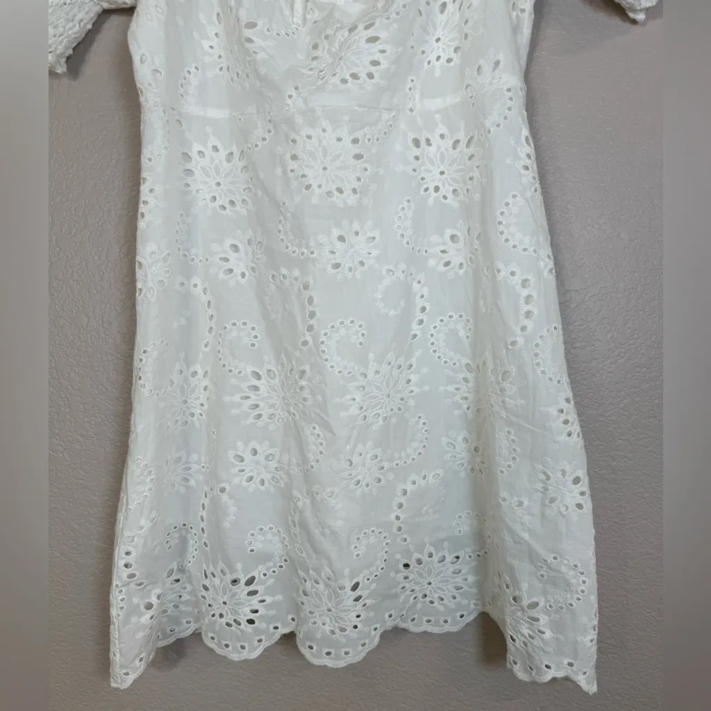 7 For All Mankind White Eyelet Lace Puff Sleeve Babydoll Mini Dress size Medium - Image 8