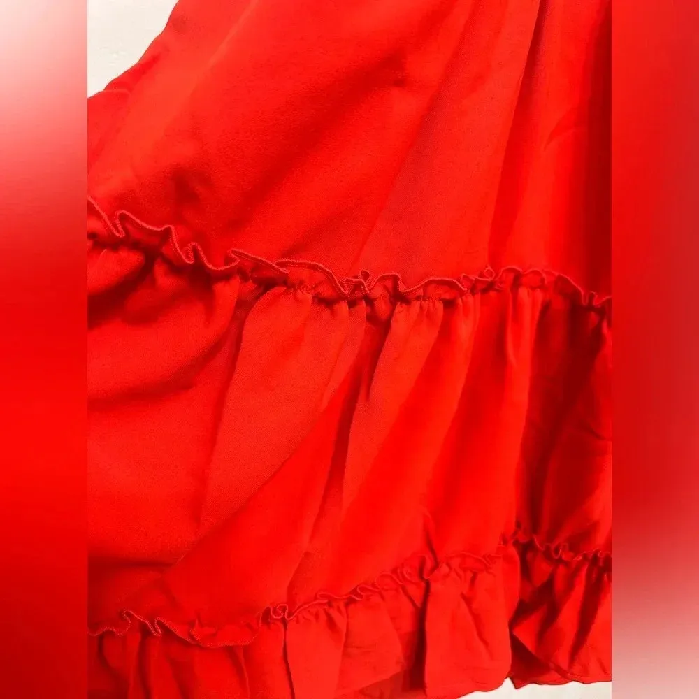 Summer V Neck Bowknot Spaghetti Strap Lace Dresses Sleeveless Flowy Dresses Red Size XL - Image 5