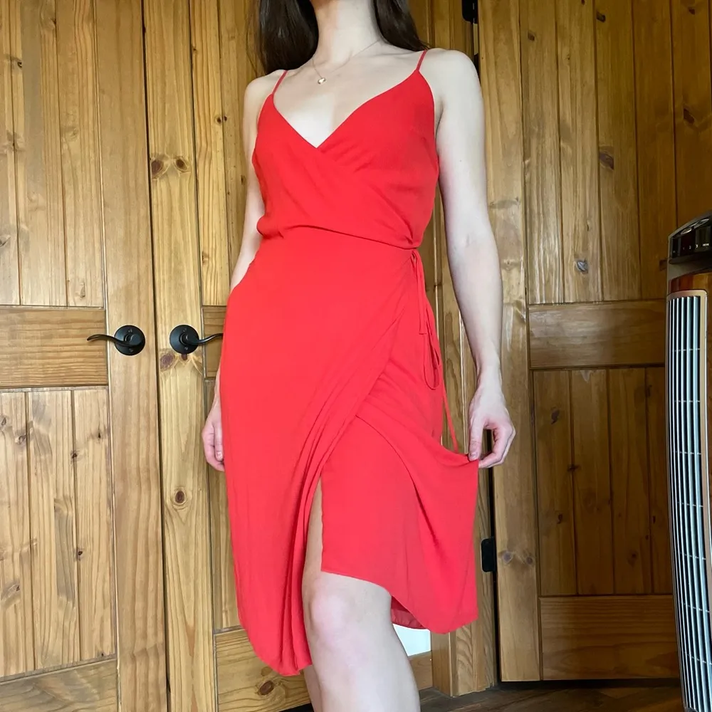 BABATON By Aritzia Simple Chic Red Wrap Midi Dress Small - Image 4