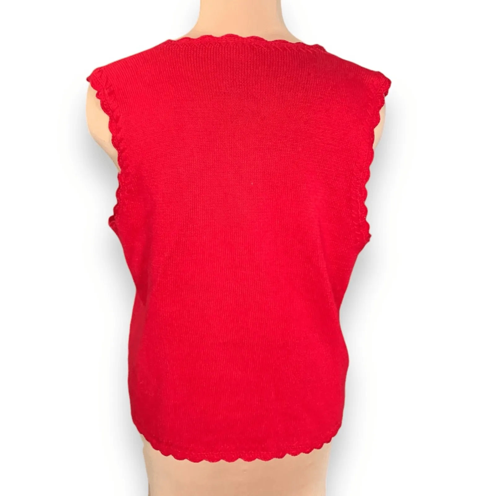 Vintage 90s Red Embroidered Knit Sweater Vest Floral Cottagecore Medium Granny - Image 4