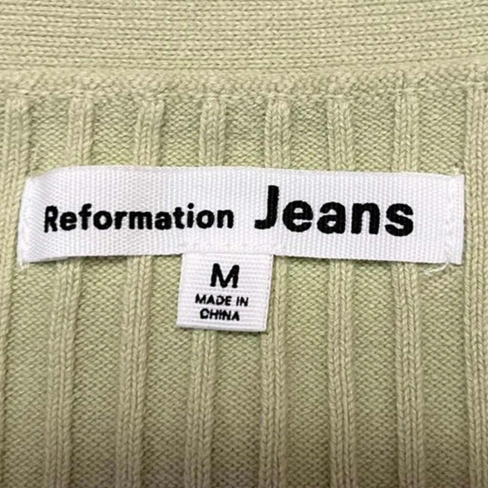 Reformation Green Rib Knit V-Neck Button Long Sleeve Crop Cardigan Sweater Top M - Image 3