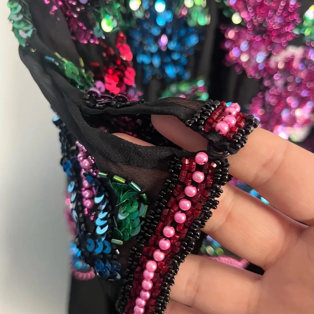 VTG 80s Black Tie Women's Floral Beaded Sequin Ball Gown Midi silk Dress Size 10 - Image 8