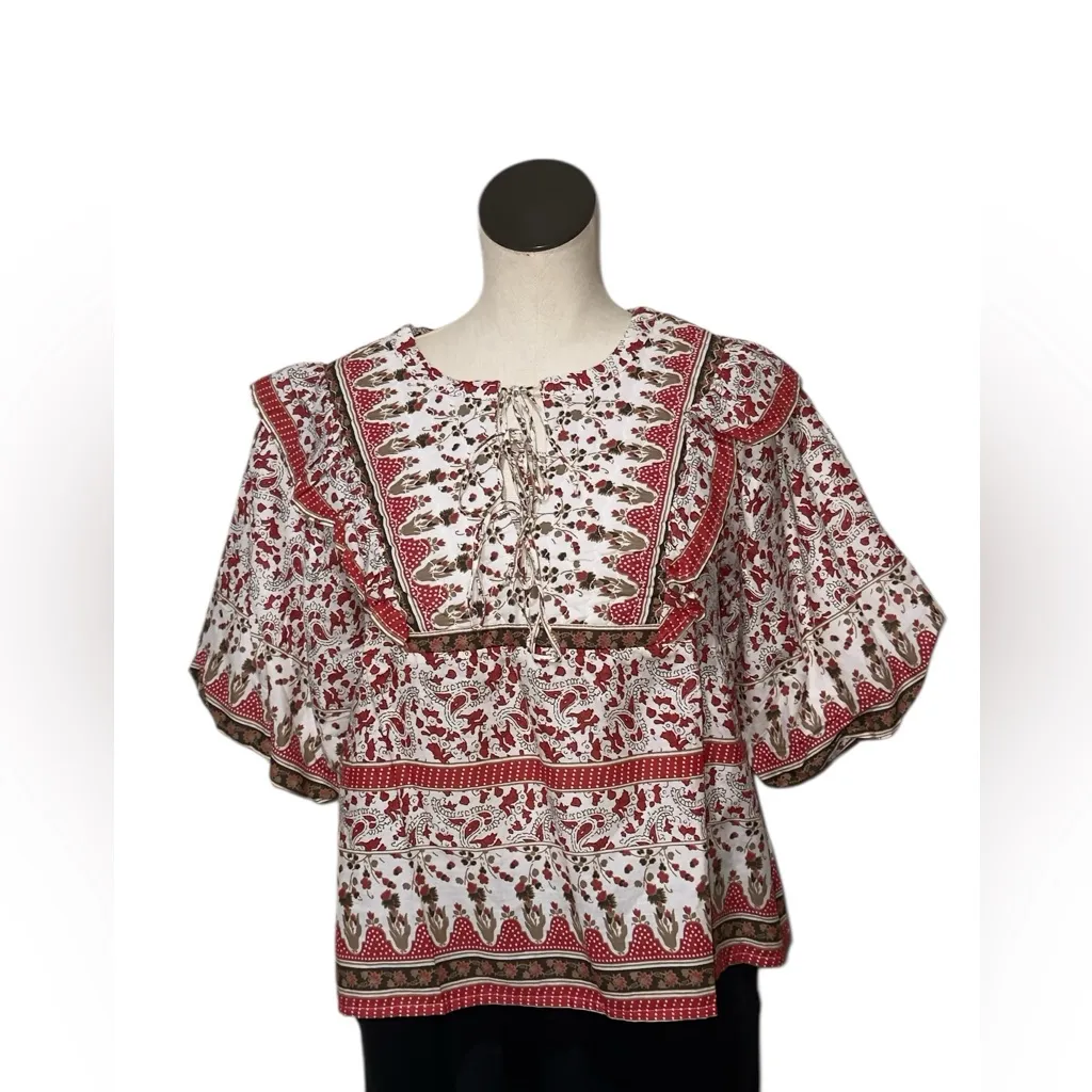 NWT Calypso St Bath Boho Peasant Blouse Red White Ruffle Tie Front Flowy Top L - Image 3