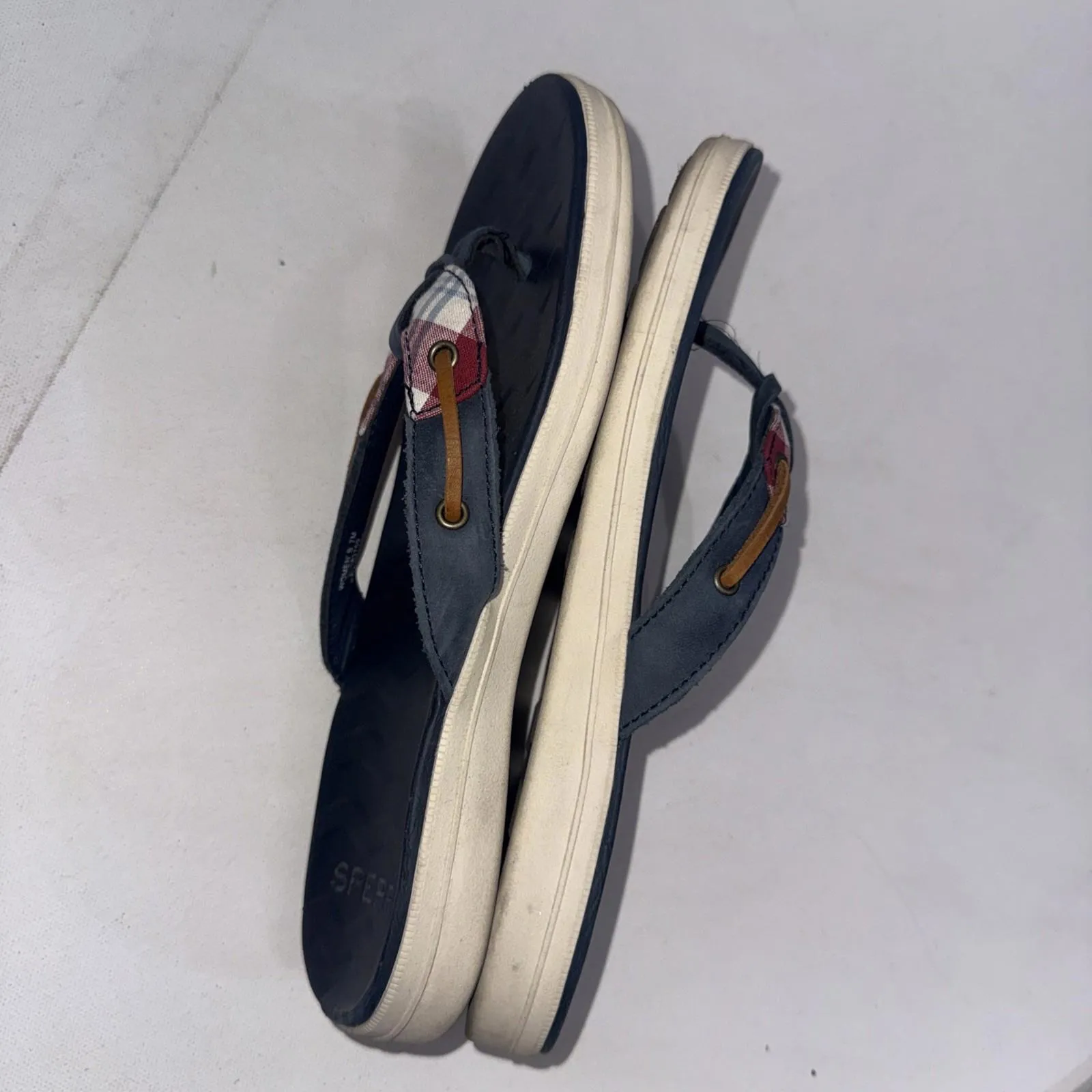 Sperry Women's Seafish Leather Flip Flop Sandals Blue Plaid Nautical Shoes Sz 7 - Image 9