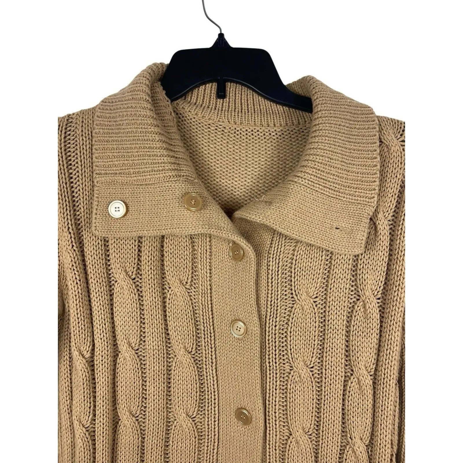 VTG 90s Grandma Beige Cable Knit S Button Front Cardigan Sweater Pocket Brown - Image 4