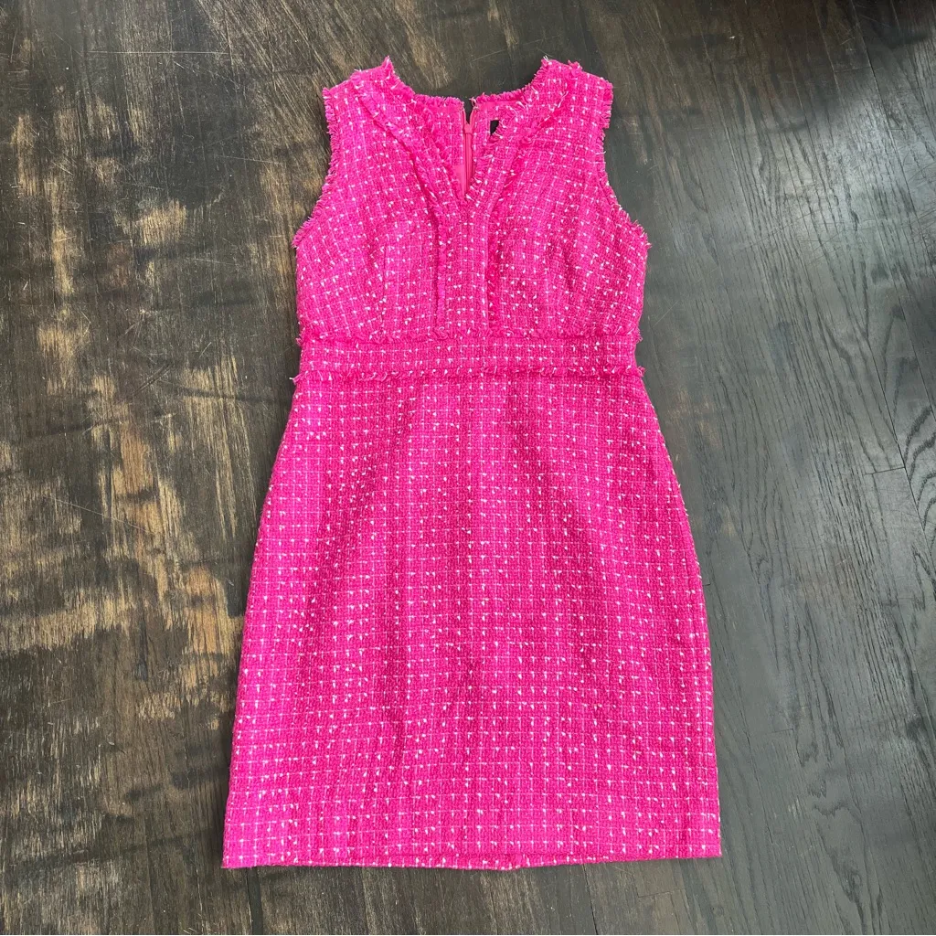 Women’s New J. Crew Pink Tweed V-neck sheath sleeveless dress fringe sz 10 - Image 2