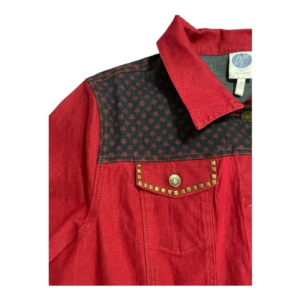 DG2 Diane Gilman Women's Denim Jacket Faux Studded Pockets Biker Patriotic 1X - Image 5