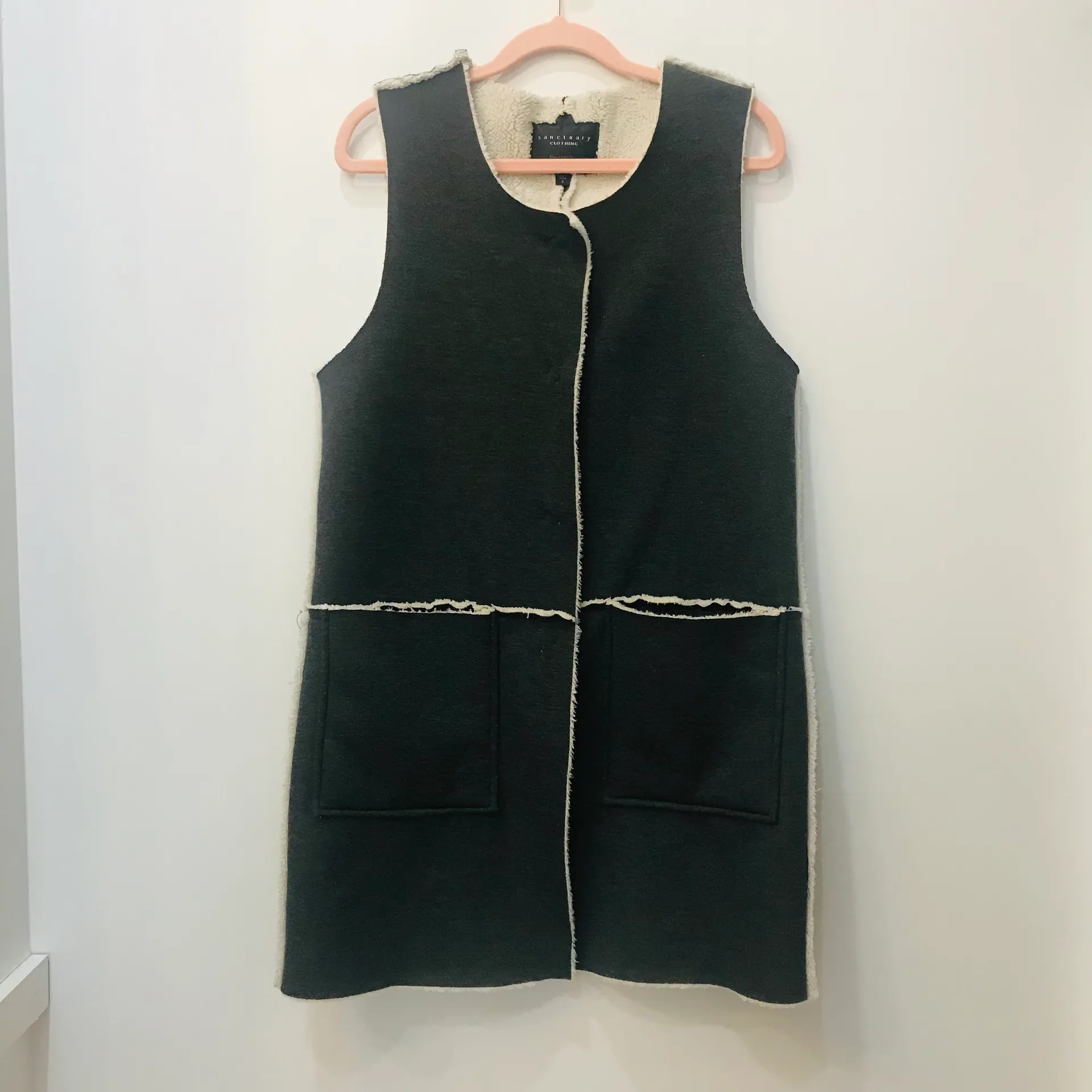 Sherpa Lined Vest Faux Suede Long Grey Pocket Snap Button small. - Image 2