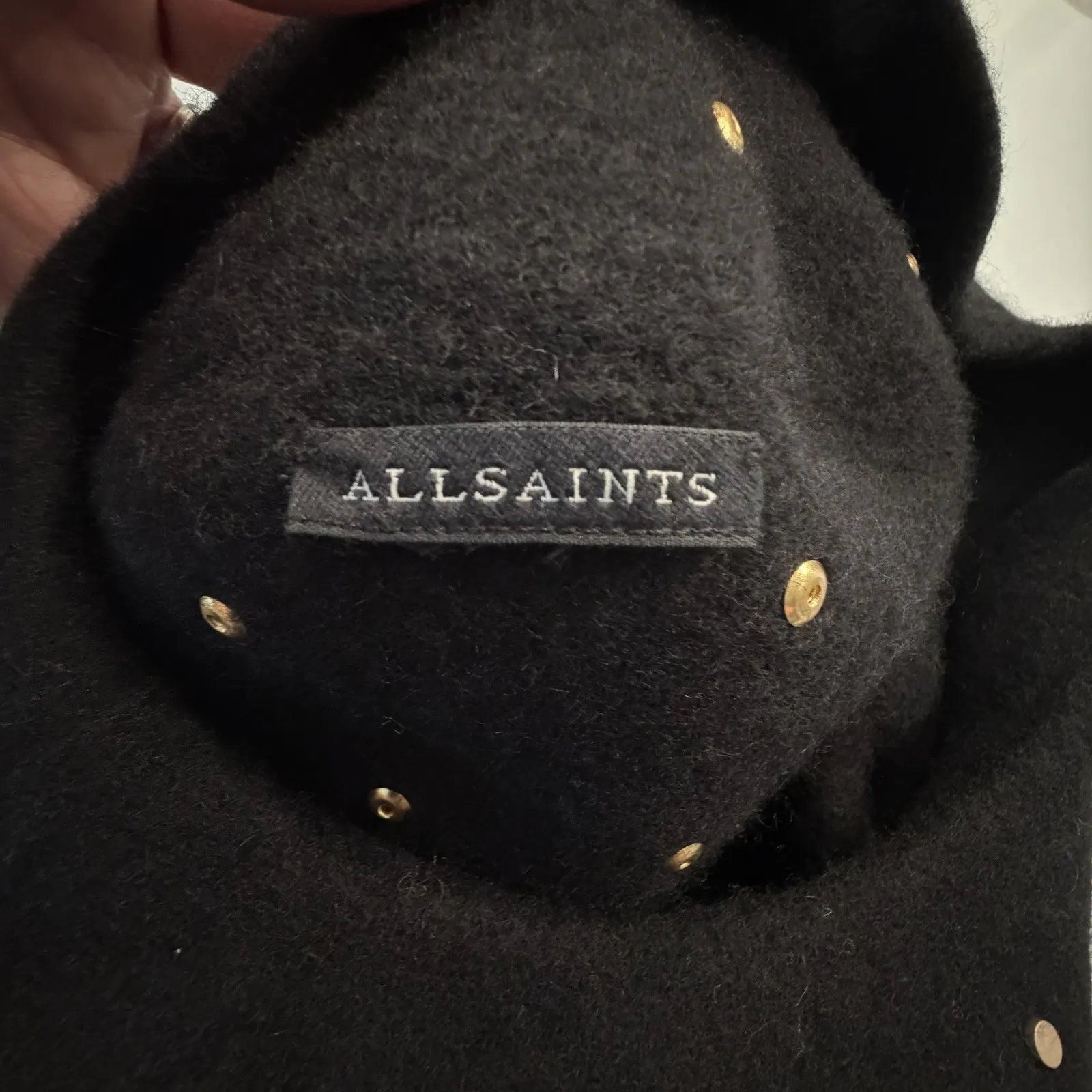 AllSaints Maia Black 100% Wool Studded Beret Hat Gold Tone Studs Glam Rock - Image 6
