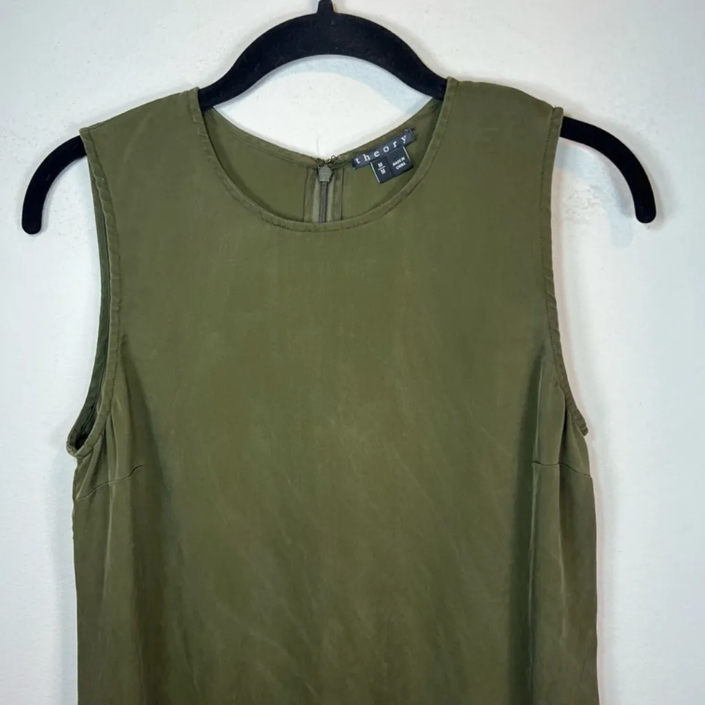 Theory Georgette Silk Shell Top Blouse Olive Green  Sleeveless Zip High Low  Med - Image 2