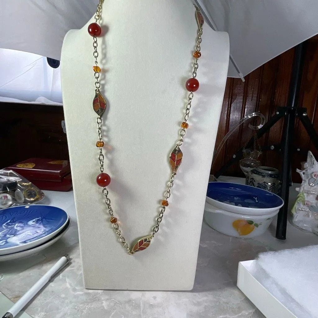 26” leaf and faux amber long necklace 3” Extender. - Image 3