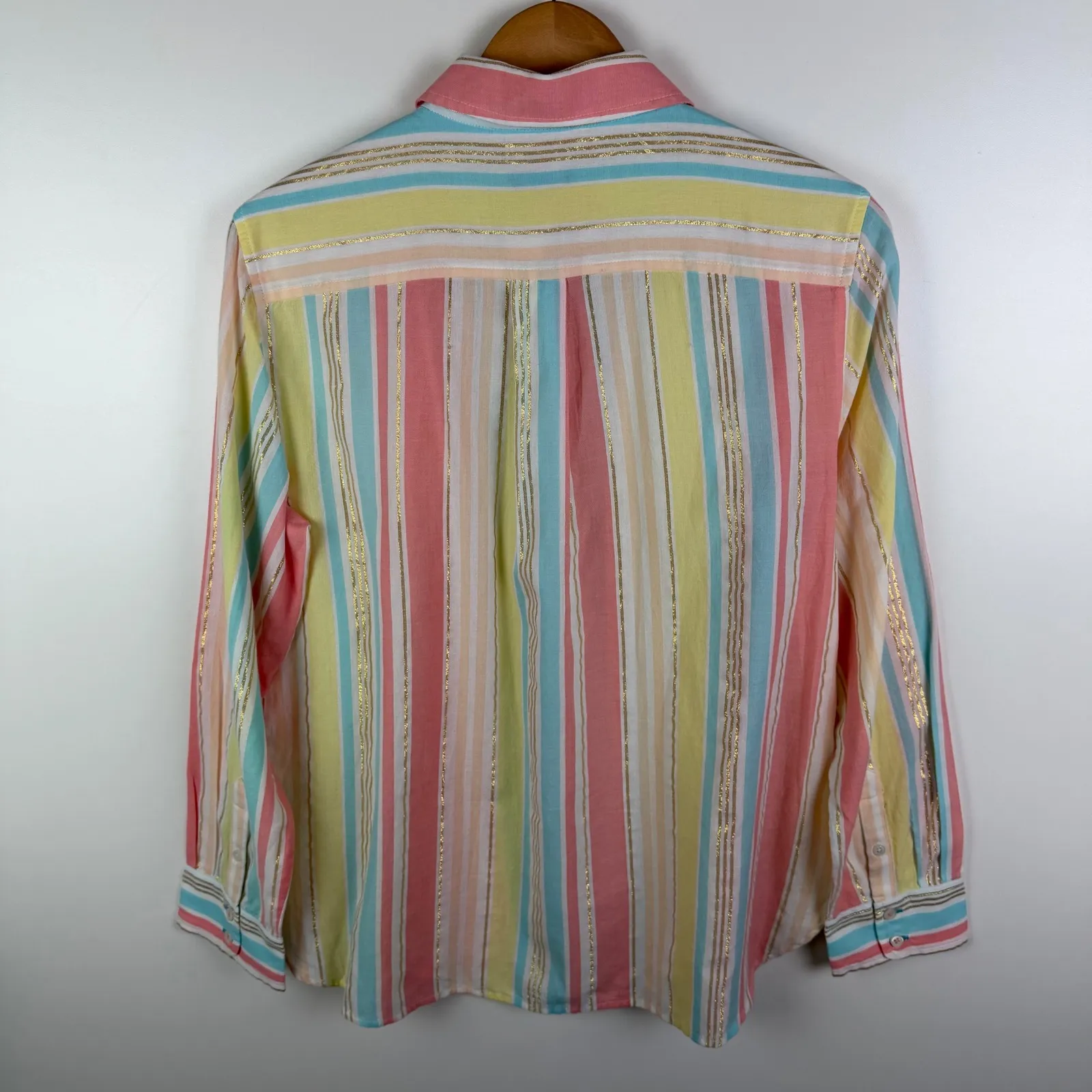 Talbots NWT  Pastel Striped Button Down Shirt Medium Gold Metallic Preppy Office - Image 3