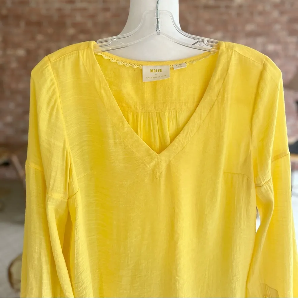 Maeve Anthropologie Verona Top Yellow Tie Sleeve S Boho V-Neck Relaxed Party Mod - Image 4