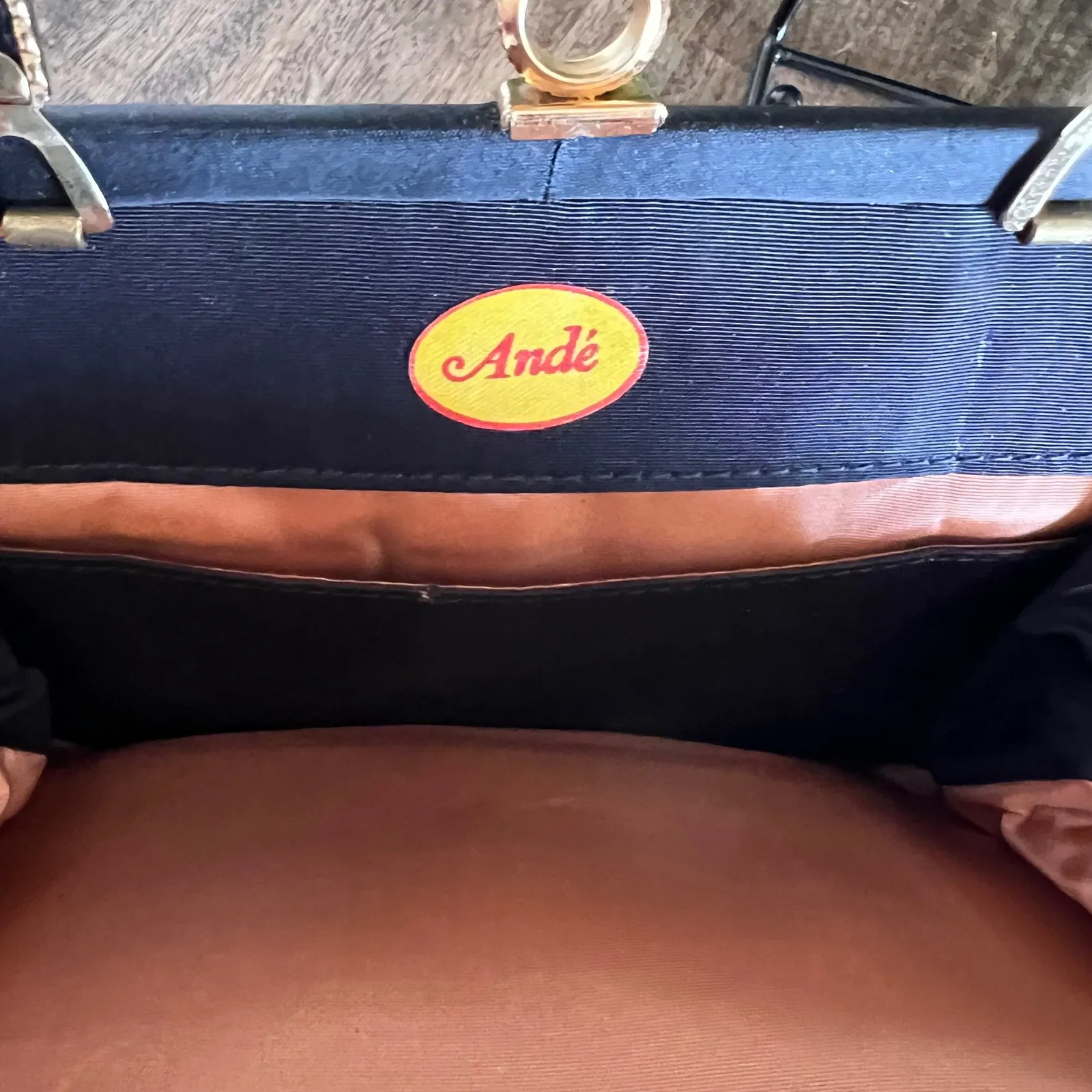 Vintage Ande Black Satin Evening Bag Gold Handle Clutch Party Purse Formal - Image 4