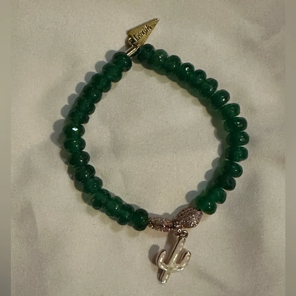 Erimish Rose Gold Tone Enameled Cactus Green Jadeite Real Stone Stretch Bracelet - Image 3