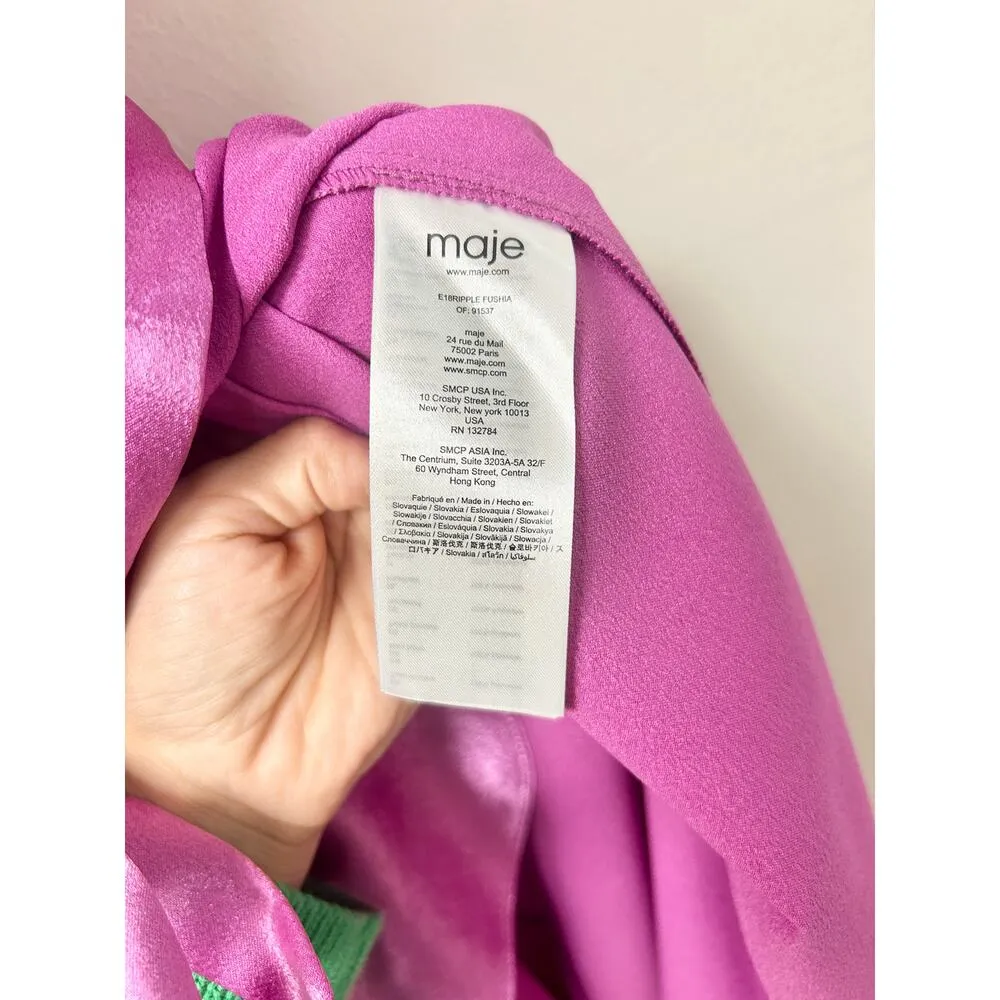 Maje Satin Sleeveless V-Neck Ruffle Trim Wrap Midi Dress Fuchsia Women's 1 / S - Image 6