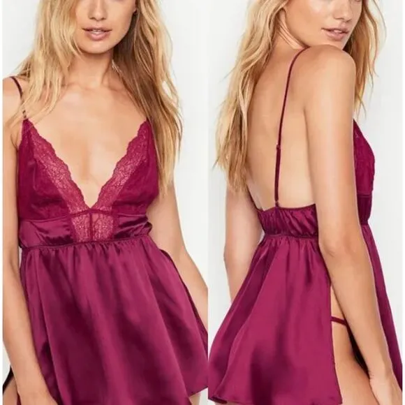 Victorias Secret VS Womens Coquette Lace Slip Babydoll Dress Chemise Size S Wine - Image 2