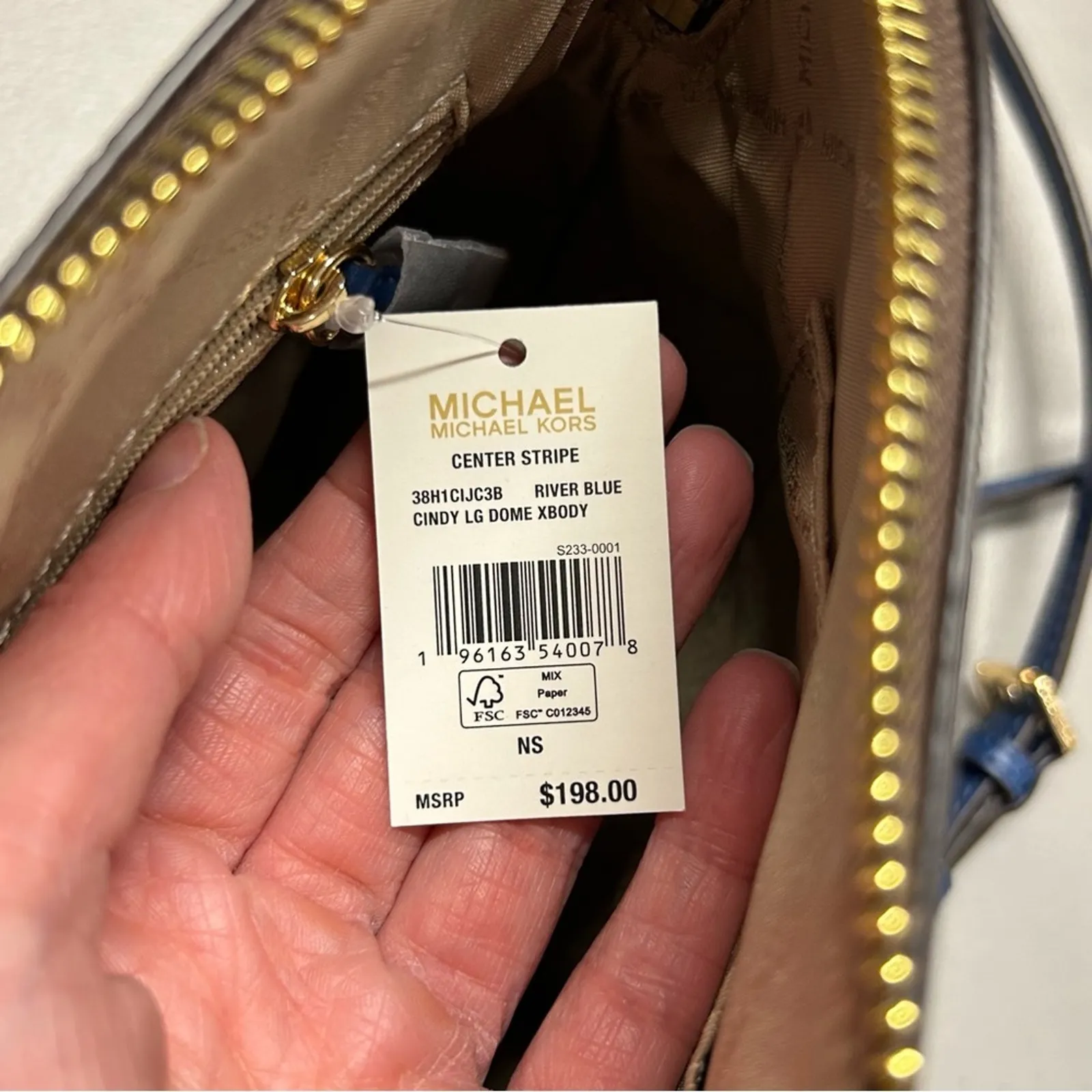 Michael Kors Crossbody Purse Cindy Dome Blue Center Stripe Brown MK Logo Bag NWT - Image 5