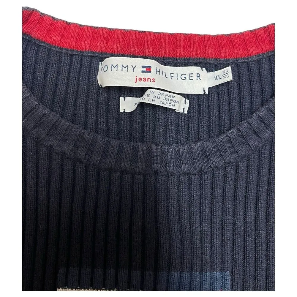 VTG Tommy Hilfiger Sweater Womens XL Blue Flag Logo Ribbed Knit Round Neck Navy - Image 7