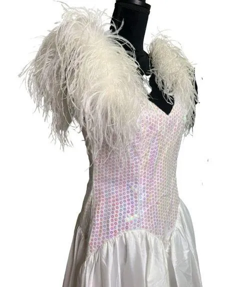 Vintage 1980s White Aurora Borealis Sequin Deadstock Dress Marabou Feathers Med - Image 2