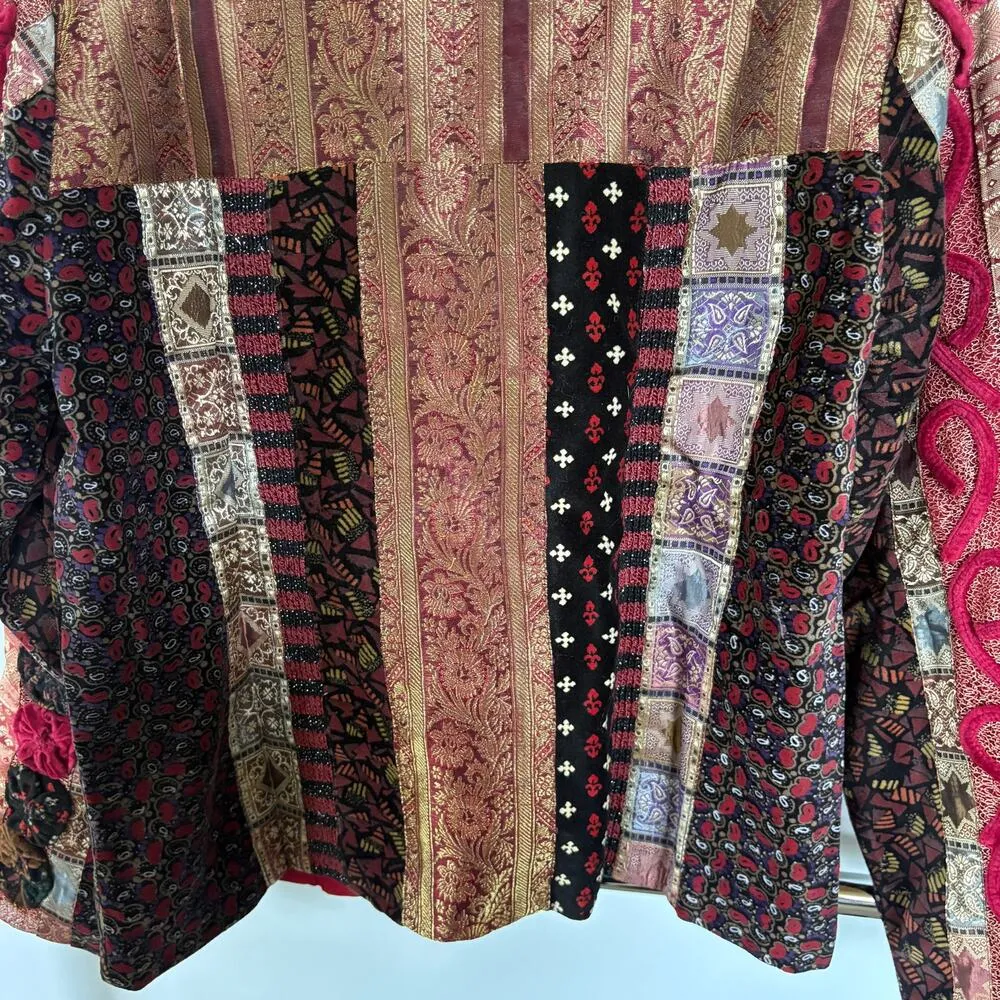 Velvet Patchwork Red Eclectic Witch Charmed Medieval Boho Tapestry Jacket Medium - Image 4