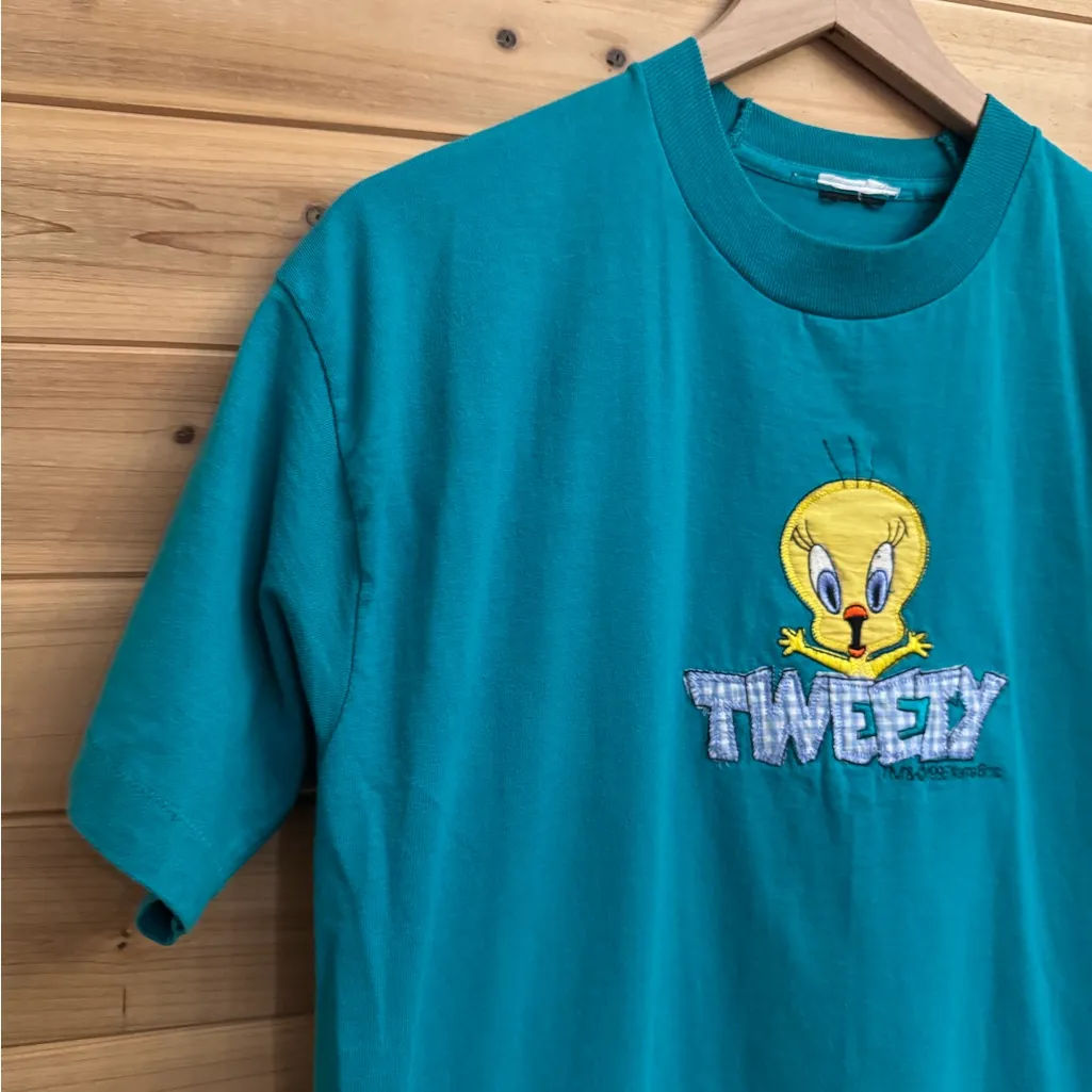 Vintage 1996 Tweety Bird Large Embroidered Graphic Short Sleeve T Shirt Unisex Blue - Image 2