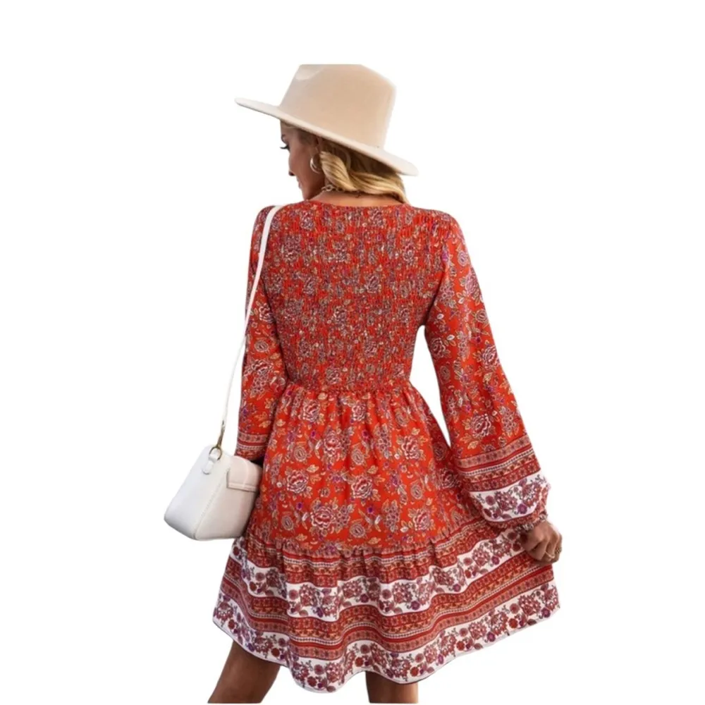 BEACHSISSI BOHO LONG SLEEVE SMOCKED BEACHY DRESS M - Image 3