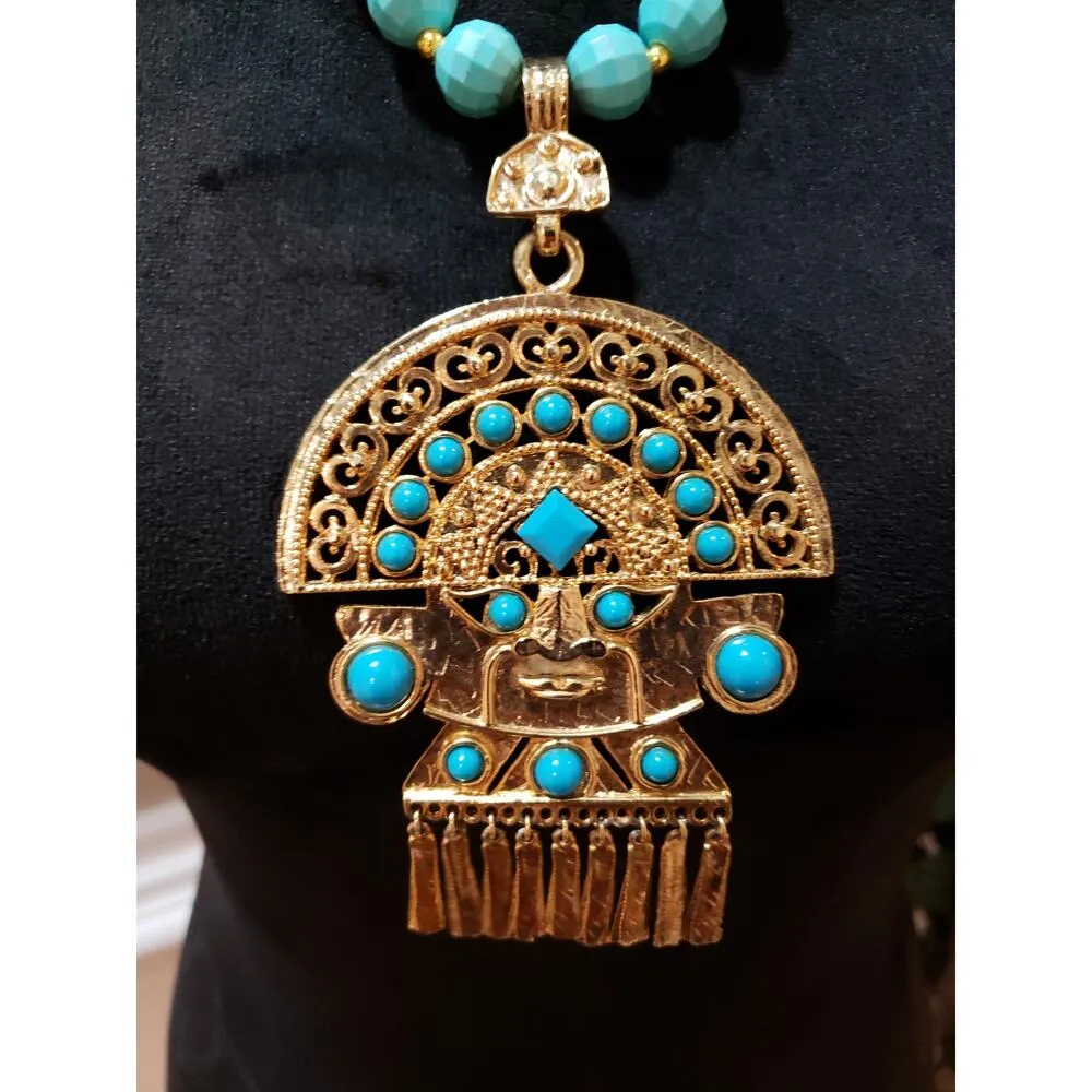 Womens Western Faceted Blue Turquoise Acrylic Beads Filigree Pendant Necklace - Image 3