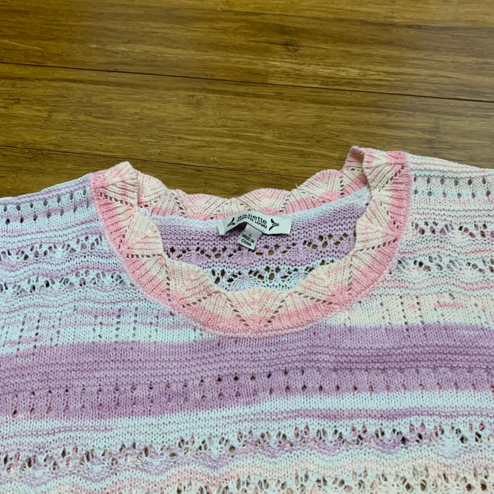 Nanette Lepore Striped Knit Sweater Cropped Short Sleeve V Neck Women's Large - Image 2