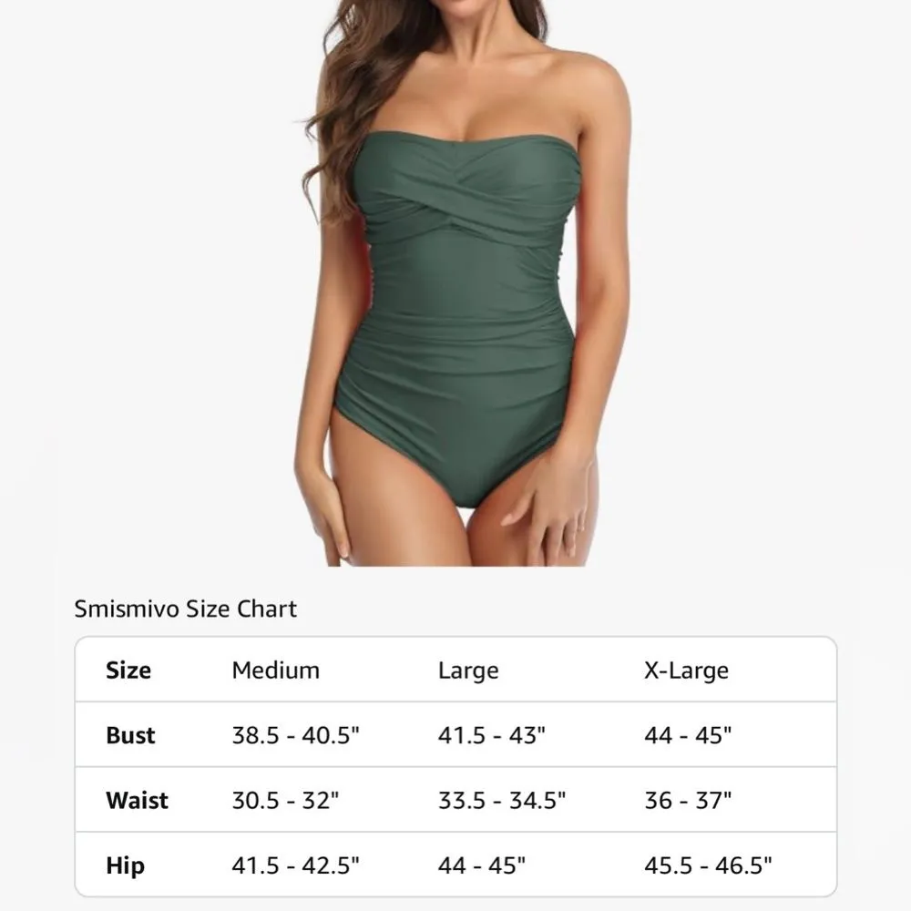 Smismivo Strapless One Piece Tummy Control Swimsuit Ruched Bandeau Olive Green L Size L - Image 11