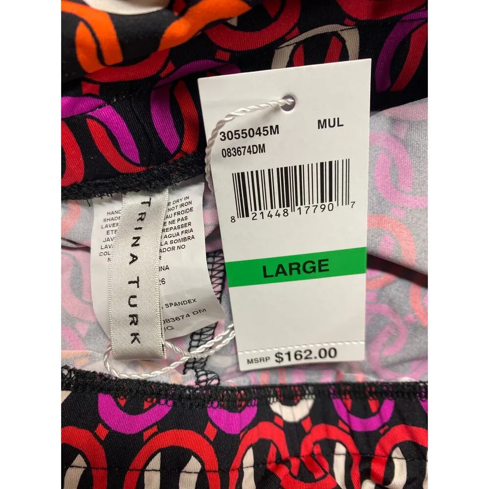 Trina Turk L Wide Leg Flare Pant Pink Orange Chain Tropical Resortwear Disco New - Image 4