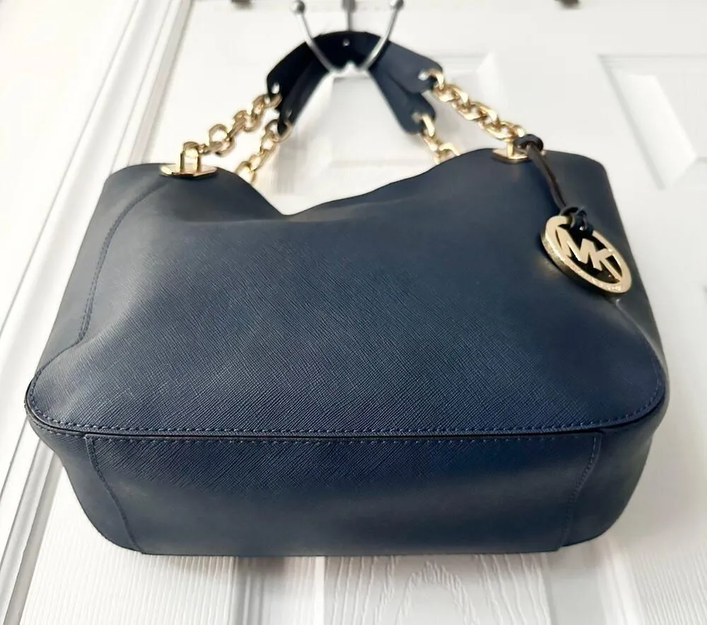 Michael Kors Lily Blue Saffiano Leather Gold Chain Hobo Shoulder Bag MK Fob - Image 4