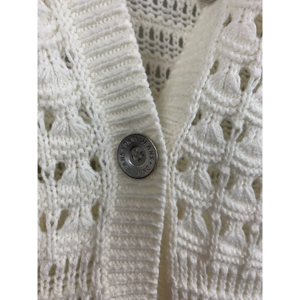 DKNY Jeans Womens Open Knit Cardigan Sweater S White Cotton Acrylic - Image 4