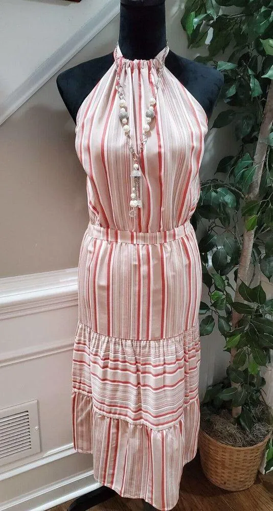 Kaari Blue Women's Pink Striped Rayon Halter Neck Sleeveless Knee Length Dress L - Image 11