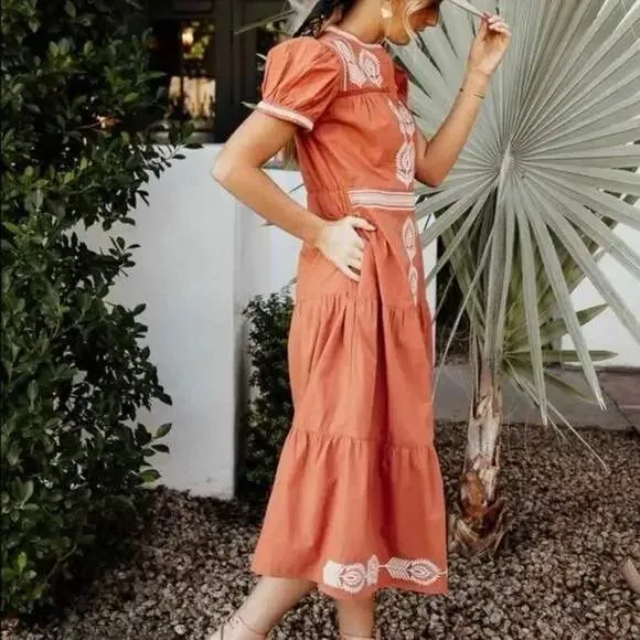 Bohme Embroidered Siya Coral Shirt Dress Tiered Boho Cottagecore Button L Large - Image 4