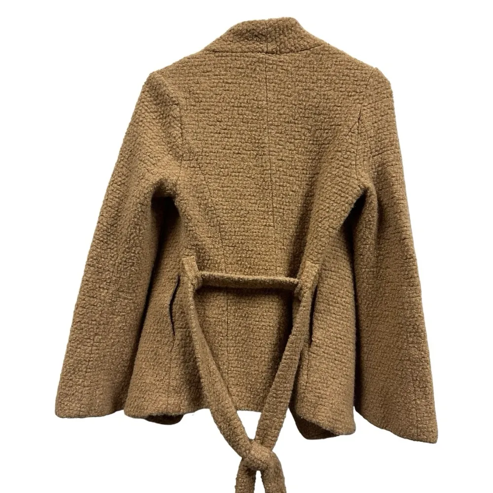 Lush Wool Blend Fully Lined Tan Open Front Tie Belted Waist Coat Womens Small - Image 10