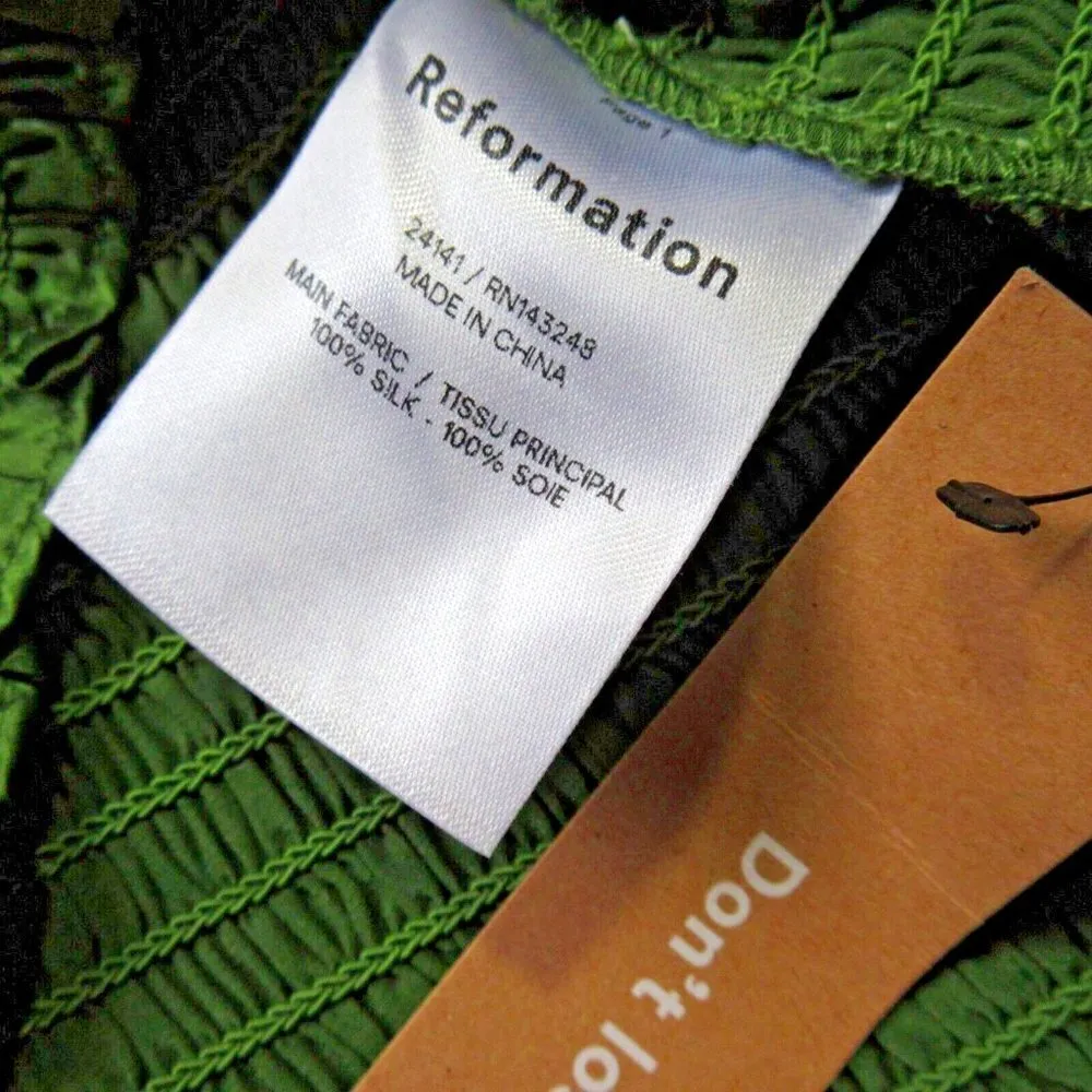 NWT Reformation Chamomile Top in Moss Green Silk Satin Smocked Blouse M - Image 5