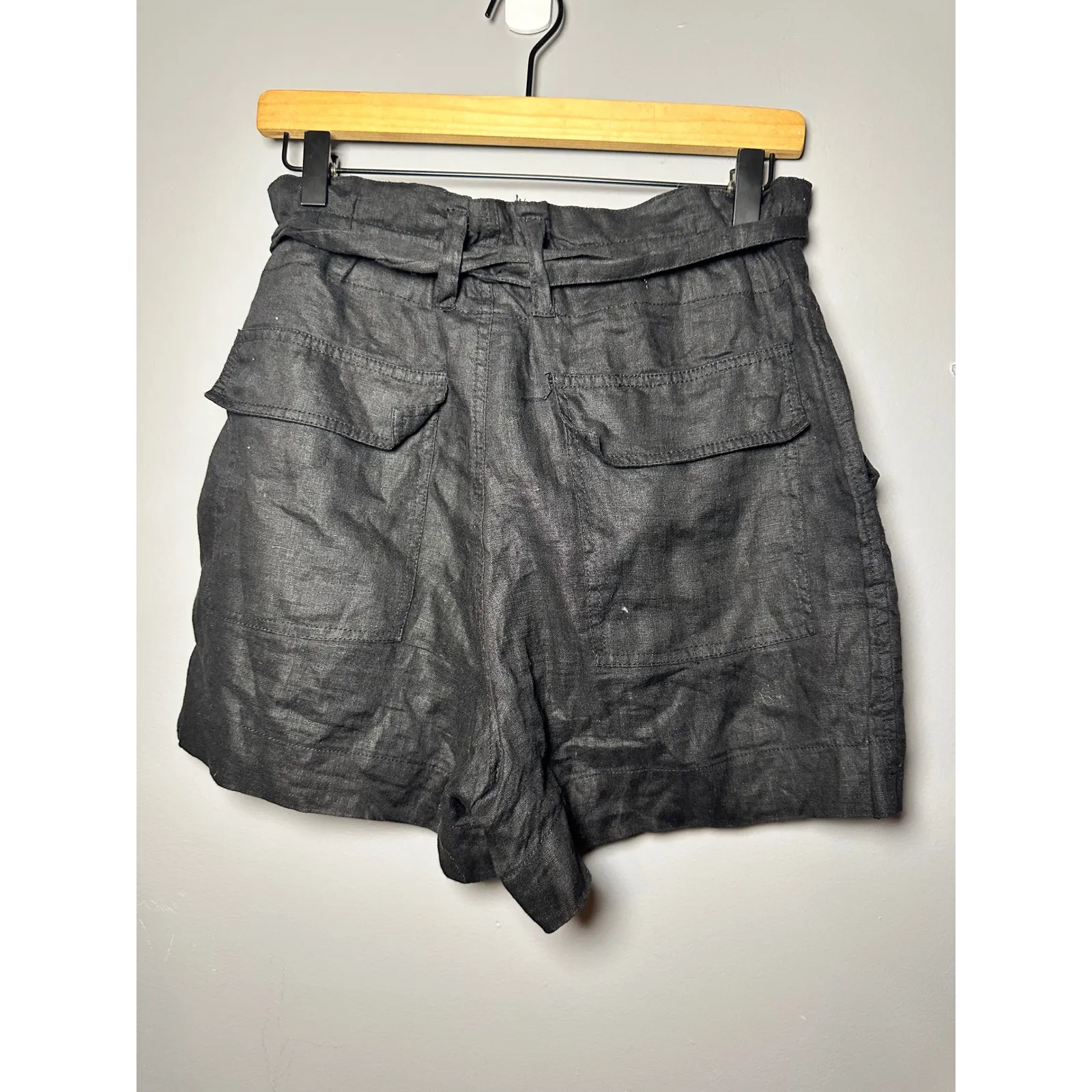 Magaschoni Black Linen Paper Bag Waist Belted Shorts Women's Size‎ S - Image 4