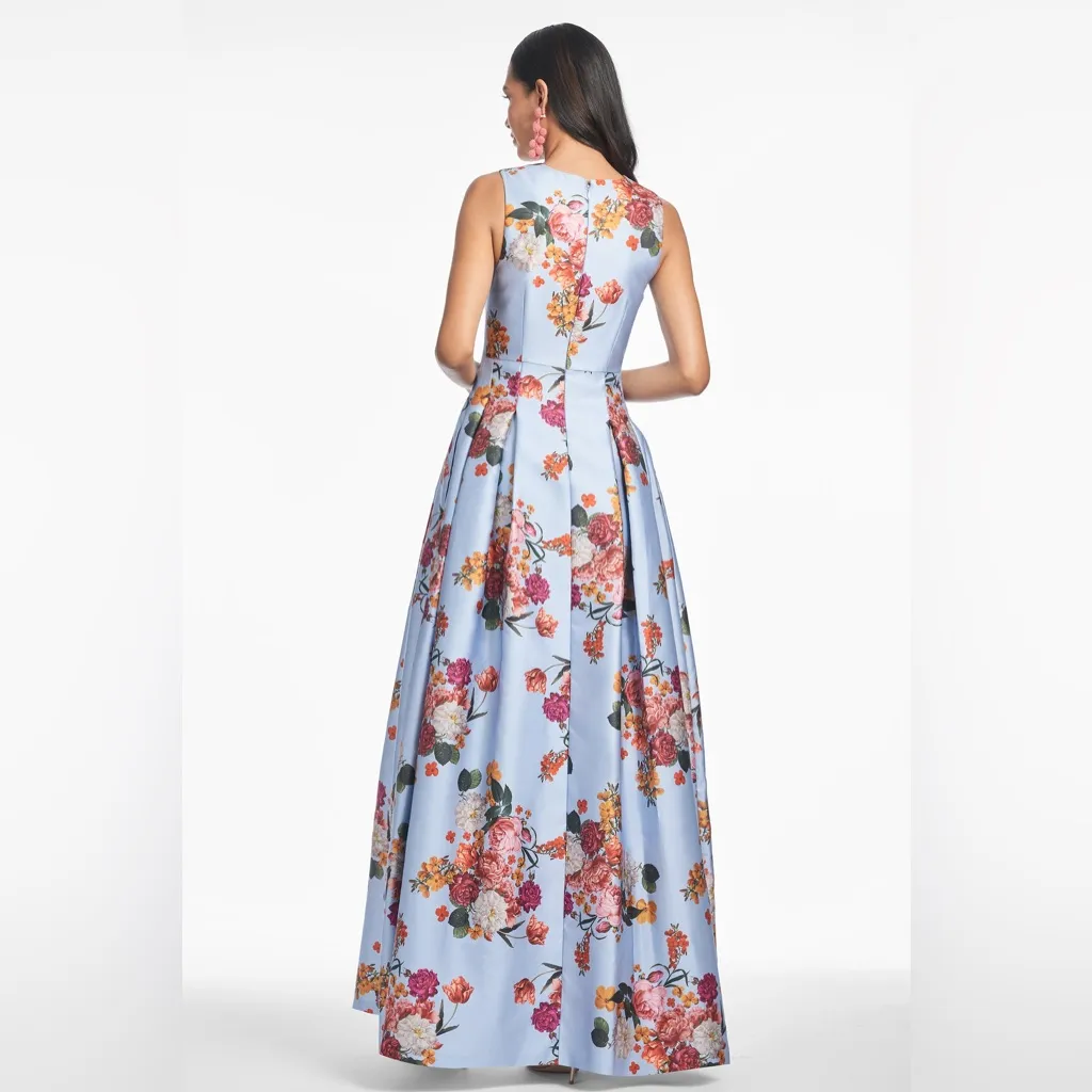 Sachin & Babi Brooke Gown Glacial Blue Bright Floral Print Mikado V Neck Gown Size 4 - Image 4