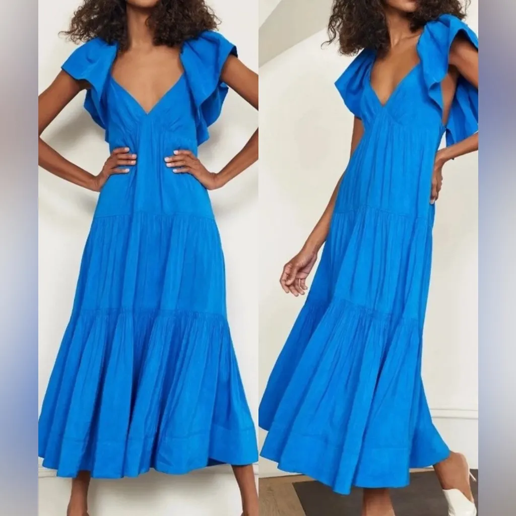 NEW La Ligne Ruffle Shoulder Open Back Linen Blend Midi Dress Ultramarine blue - Image 2