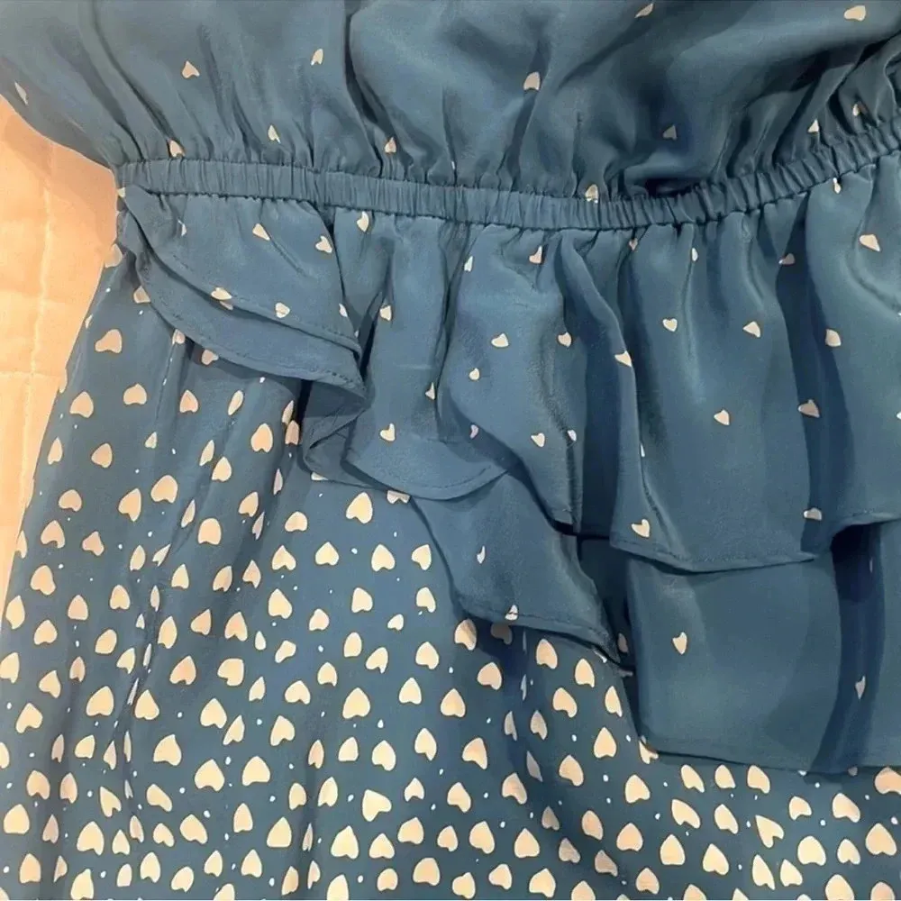 Yumi Kim | 100% Silk Blue w/ White Hearts Ruffle Strapless Dress Size XS - Image 5